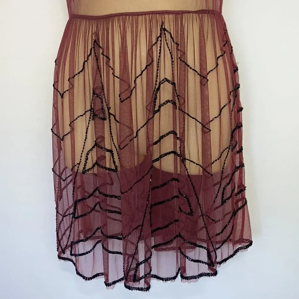 Free People  Dress Wine Mesh Beaded Sheer Net Dress Excellent Size Small